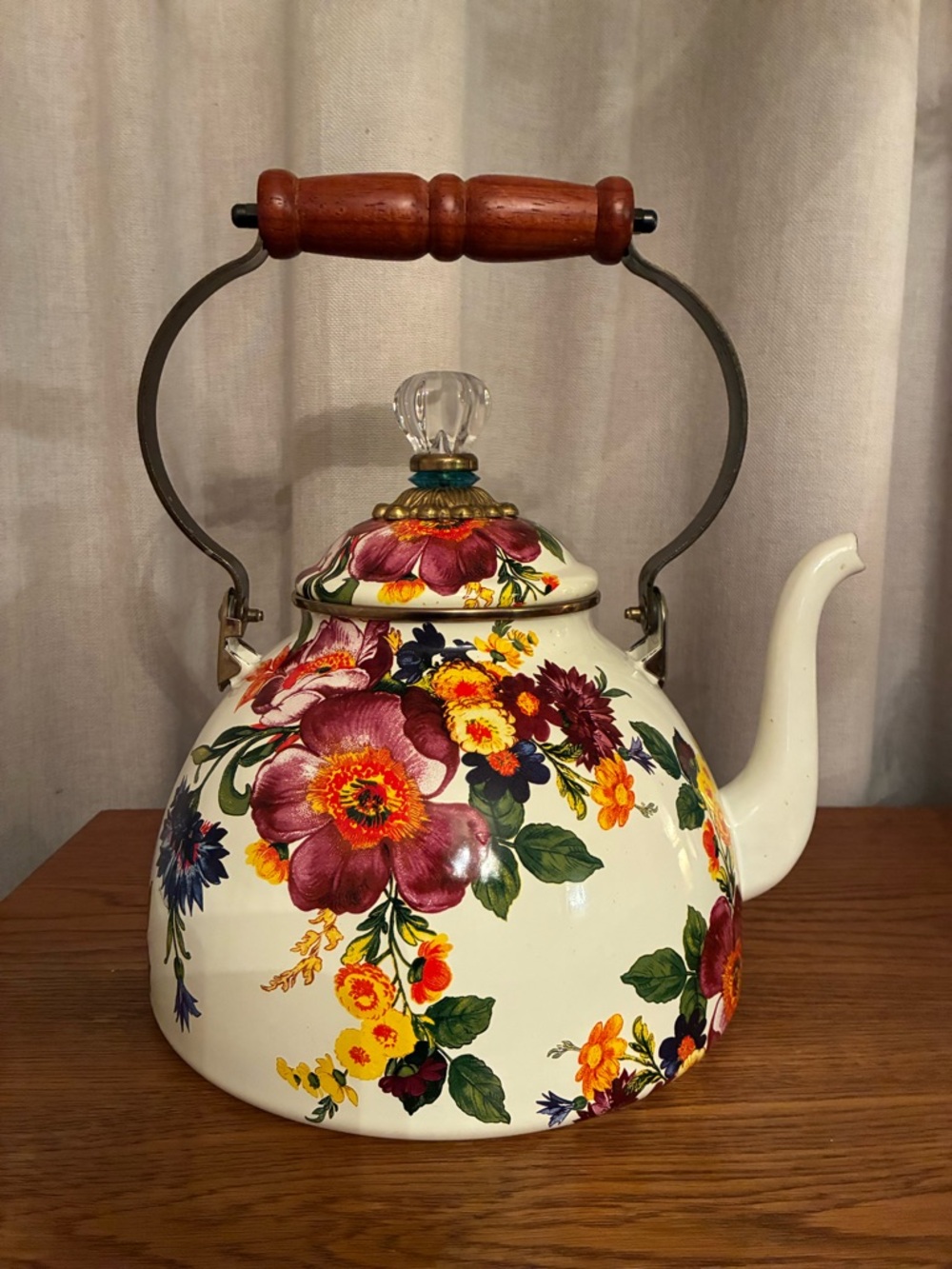MacKenzie-Childs White Flower Market 3 Qt Tea Kettle Enamel Floral Wood Handle